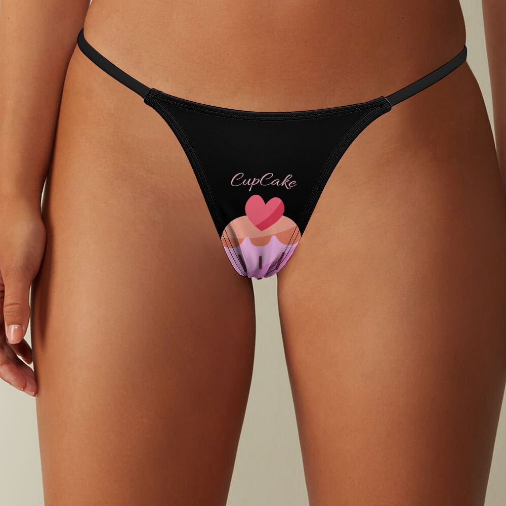 Front view of a model wearing Black BUhmayzing CupCake Print Women's Thin Thong Panties