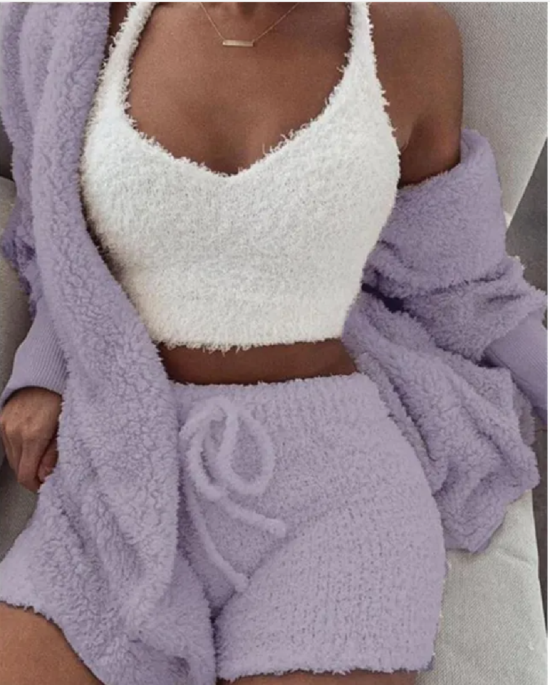 Cloud Nine Cozy: 3-Piece Fuzzy Pajama Set with Long-Sleeve Cardigan