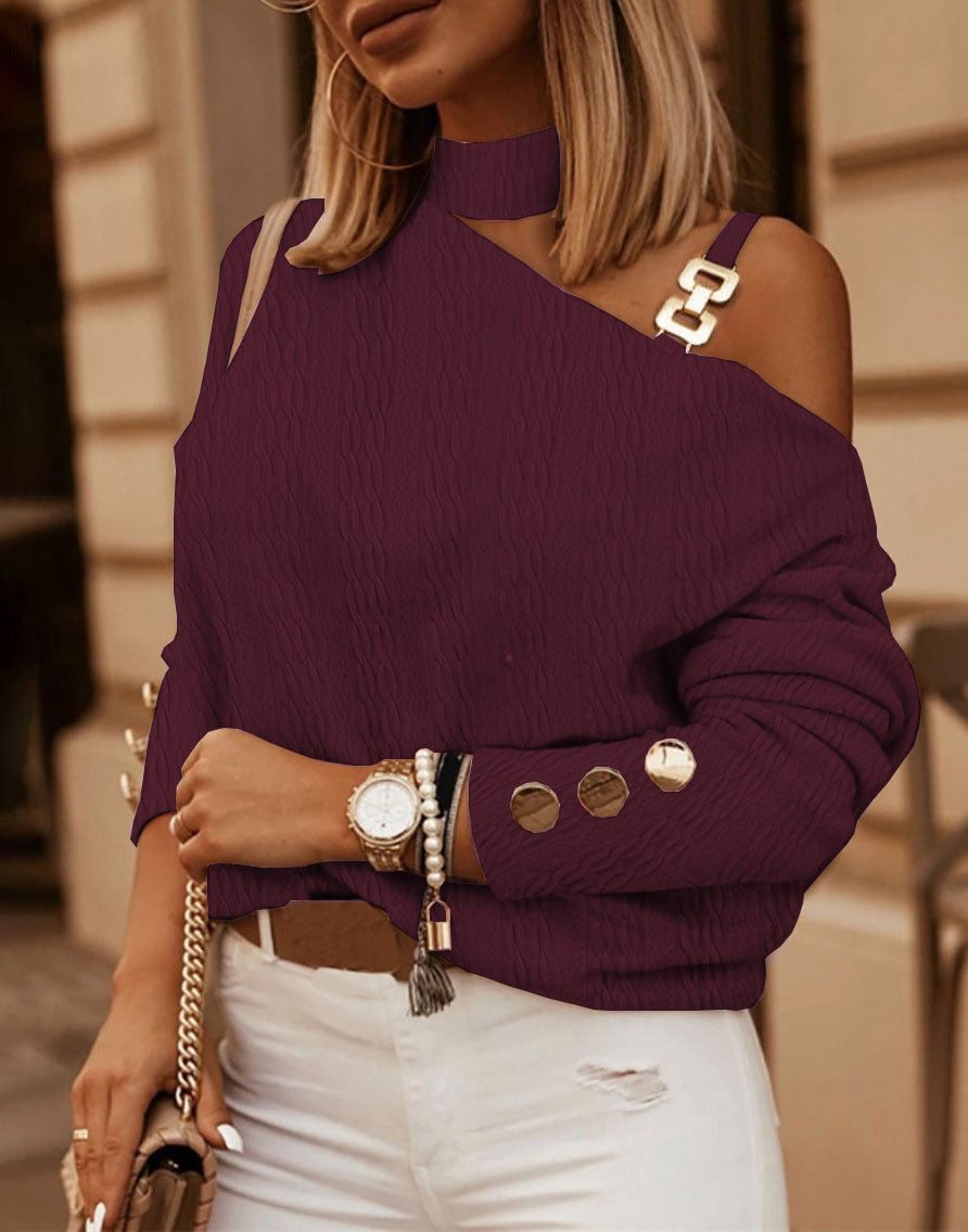 Oblique Long Sleeve Shoulder Chain Womens Top