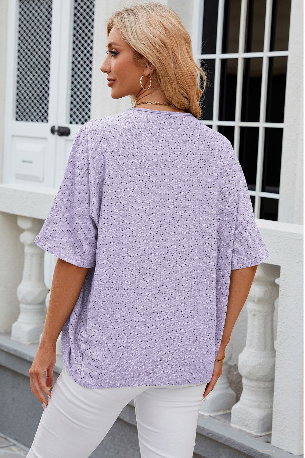 Back view of a model wearing a Lavender Chic Ladies Eyelet Open Front Half Sleeve Cardigan