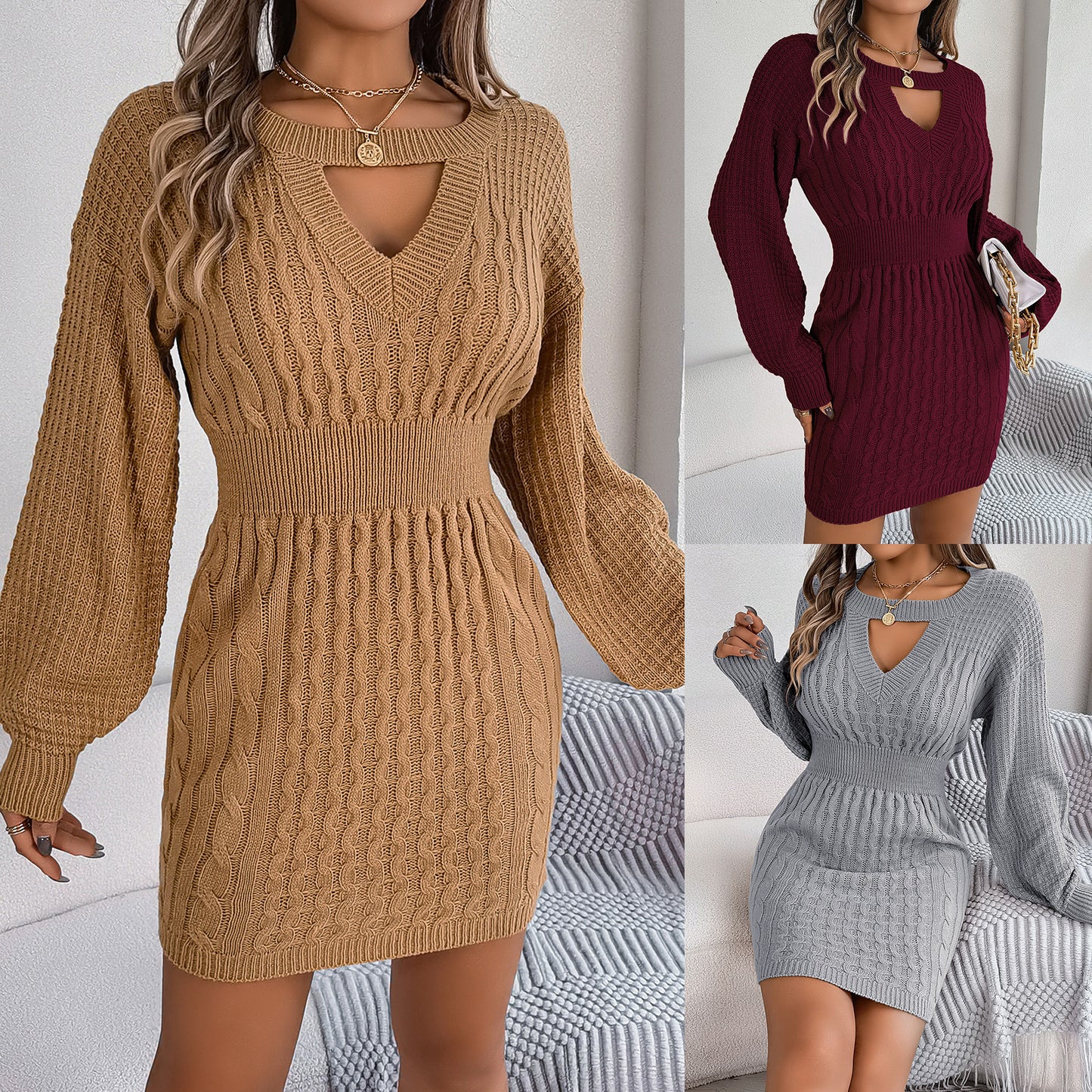This sophisticated Womens Twist Hollow-out Lantern Sleeve Sweater Dress is crafted from premium, luxurious fabric and features a chic twist on a classic style. Fitted sleeves and a modern lantern hem create an elegant silhouette, while the delicate, intricate hollow-out detailing adds a touch of refinement. Be at the height of fashion with this timeless, effortlessly chic dress.