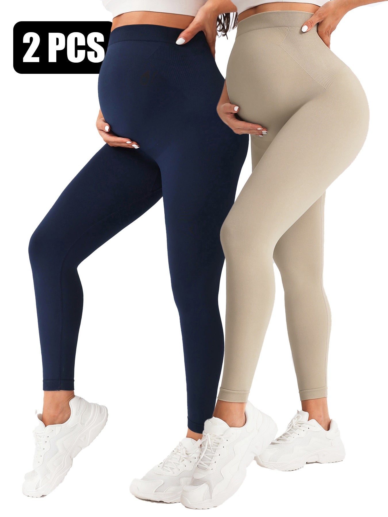 Two pairs of leggings, one navy and one beige, worn by models on a white background.