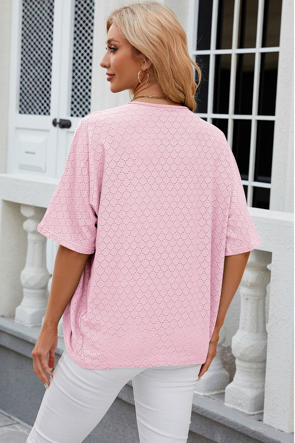 Back view of a model wearing a Blush PINK Chic Ladies Eyelet Open Front Half Sleeve Cardigan