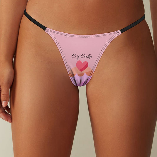 Front view of a model wearing Pink BUhmayzing CupCake Print Women's Thin Thong Panties