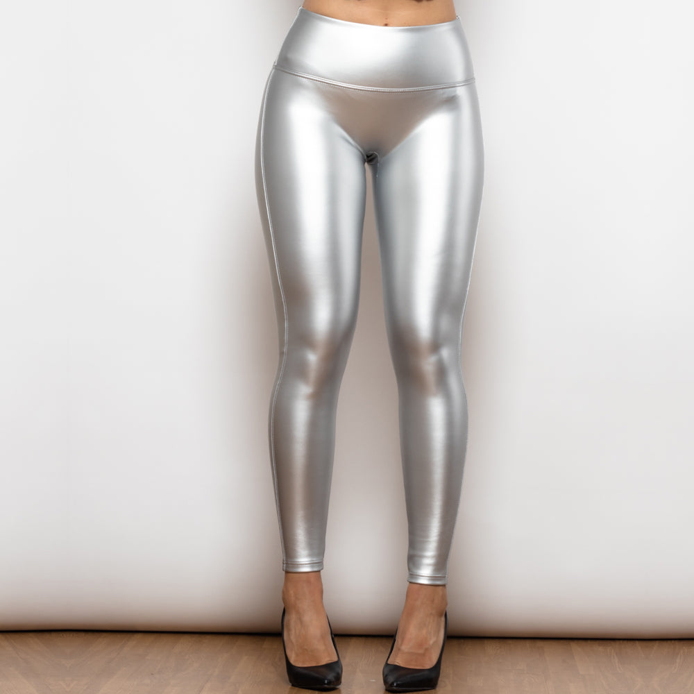 Shascullfites Metallic Silver High Waist Chic Leggings