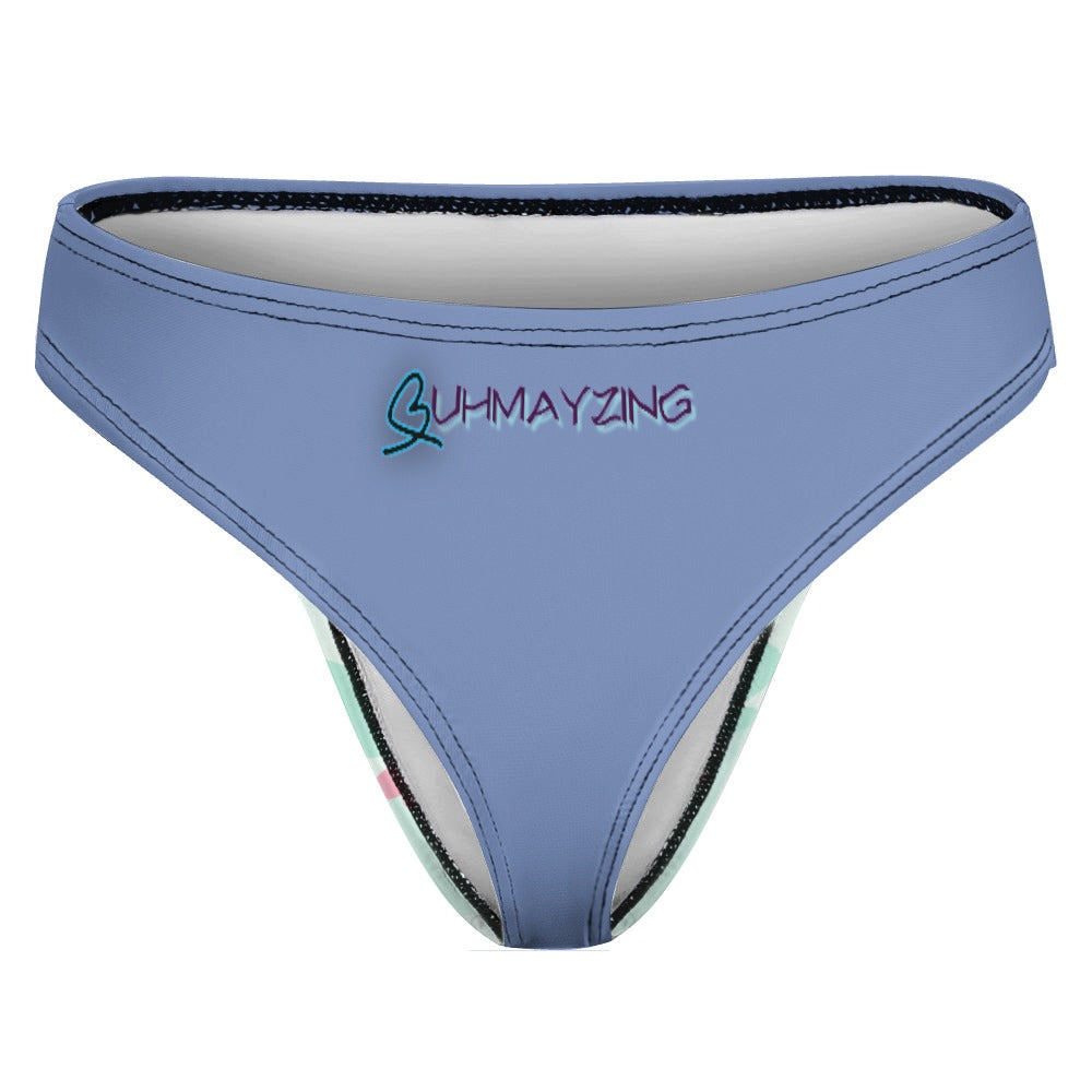 Back view of Corn Flower Blue BUhmayzing Women's Peeping Bunny Print Thong Panties w/BUhmayzing logo