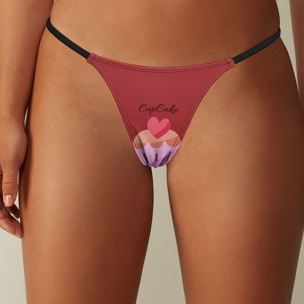Front view of a model wearing Brown BUhmayzing CupCake Print Women's Thin Thong Panties