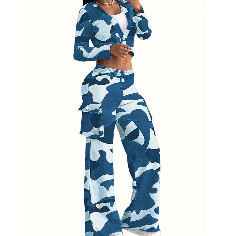 Camo Canvas: V-Neck Crop Top & Drawstring Cargo Pants 2-Piece Set for Edgy Seasons