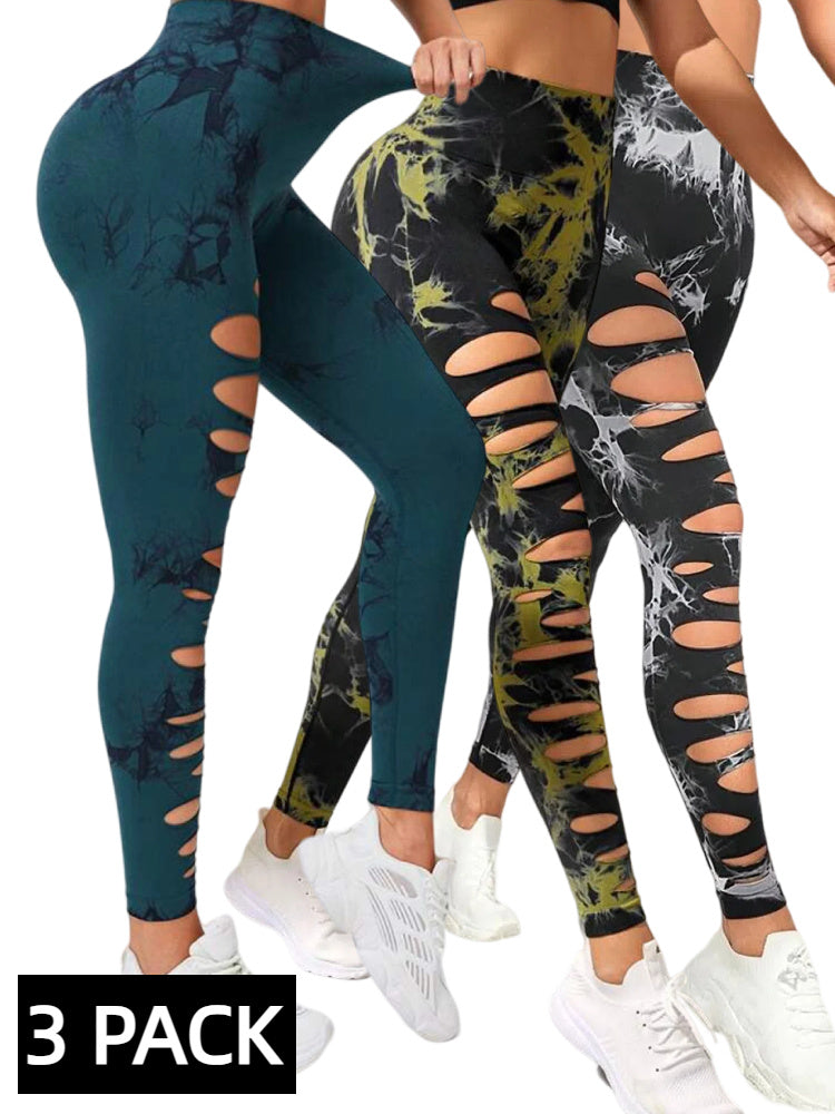 Three pairs of patterned leggings with '3 Pack' text on a white background