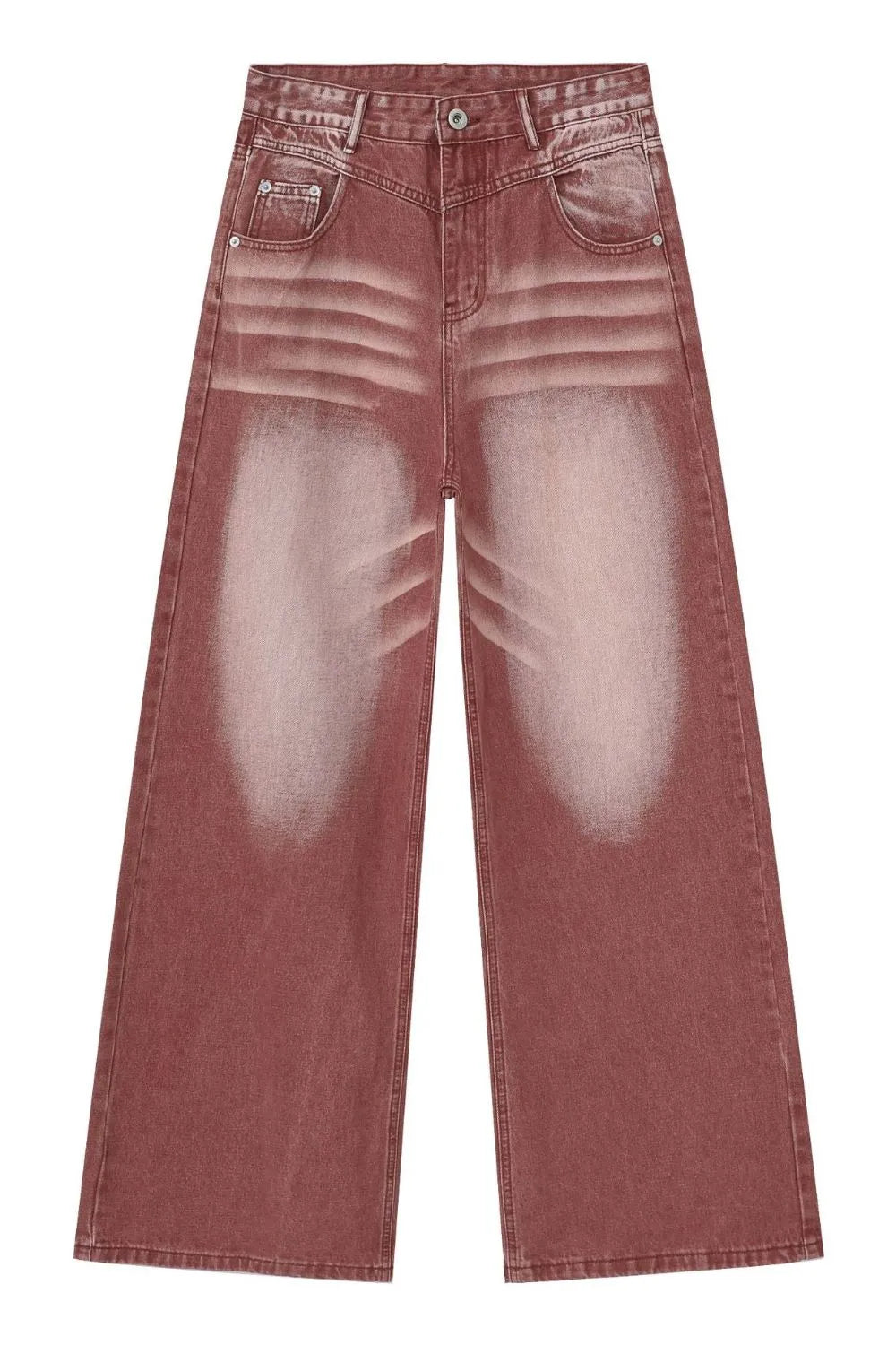 Red rust acid wash jeans on a white background