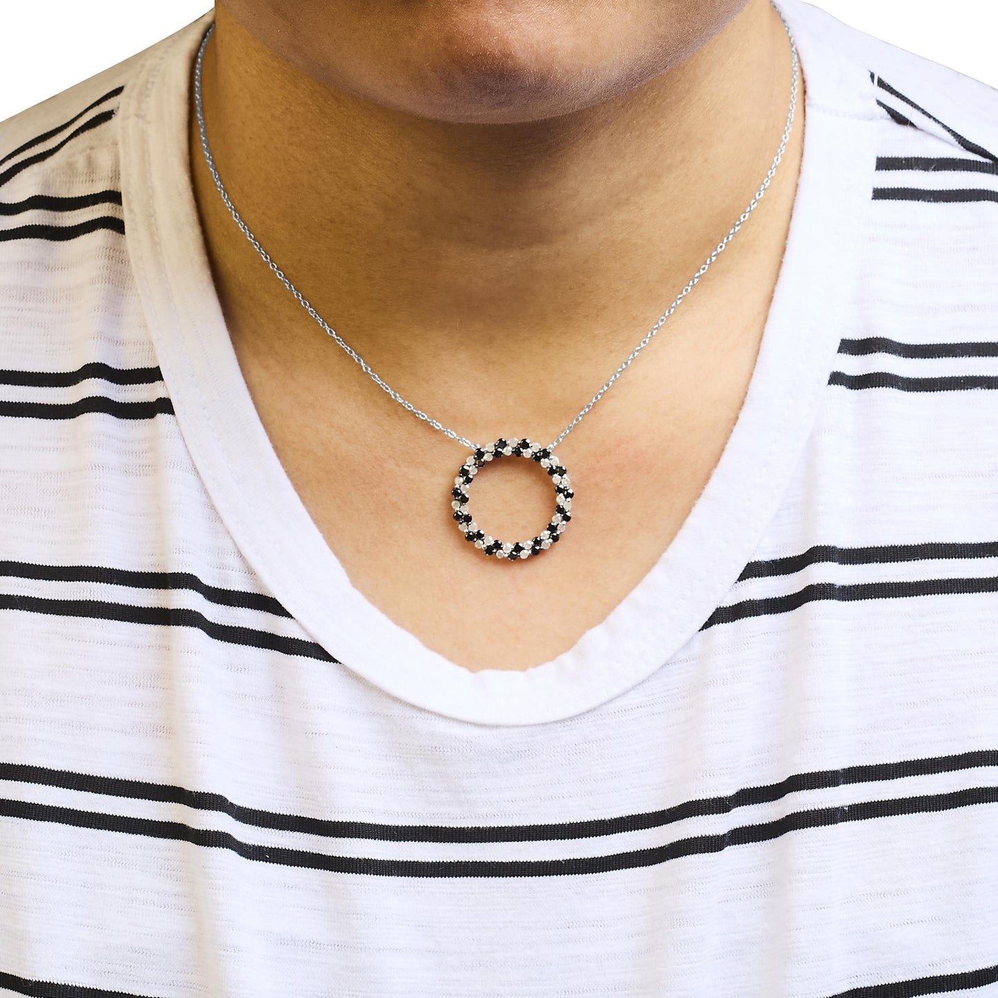 .925 Sterling Silver 1 3/5 Cttw Alternating Treated Black and White Diamond Double Row Open Circle Pendant Necklace (H-I Color, I3 Clarity) - 18in