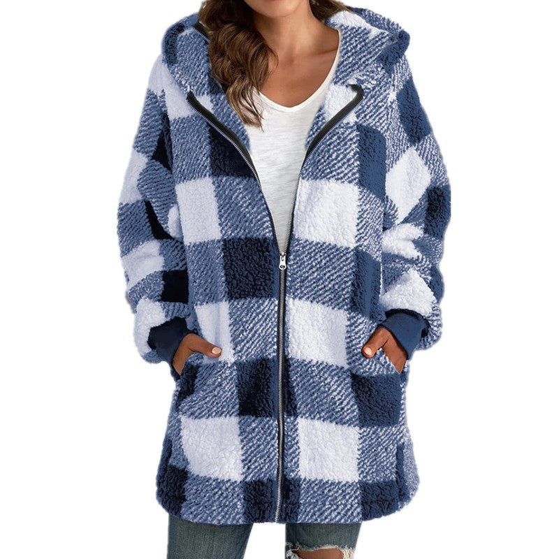 Tartan Tempest: Plaid Hooded Zip-Up Jacket for Urban Winter Wanderings