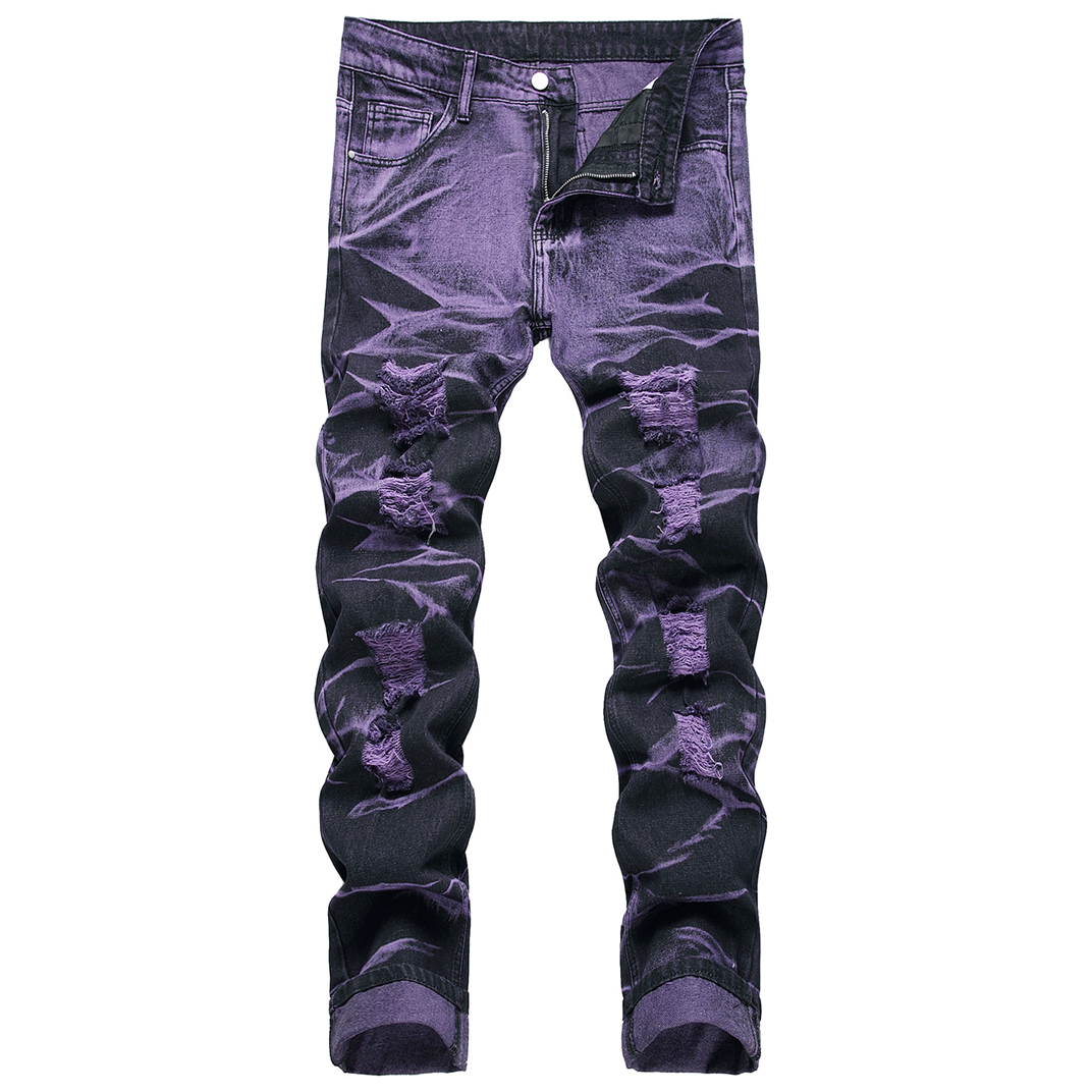 Get street cred with these Purple and Black Urban Men's Denim Trousers. These bold and edgy jeans will make you stand out in the urban fashion scene. With their unique purple and black design and distressed detailing, these high quality jeans are the perfect addition to any streetwear outfit.