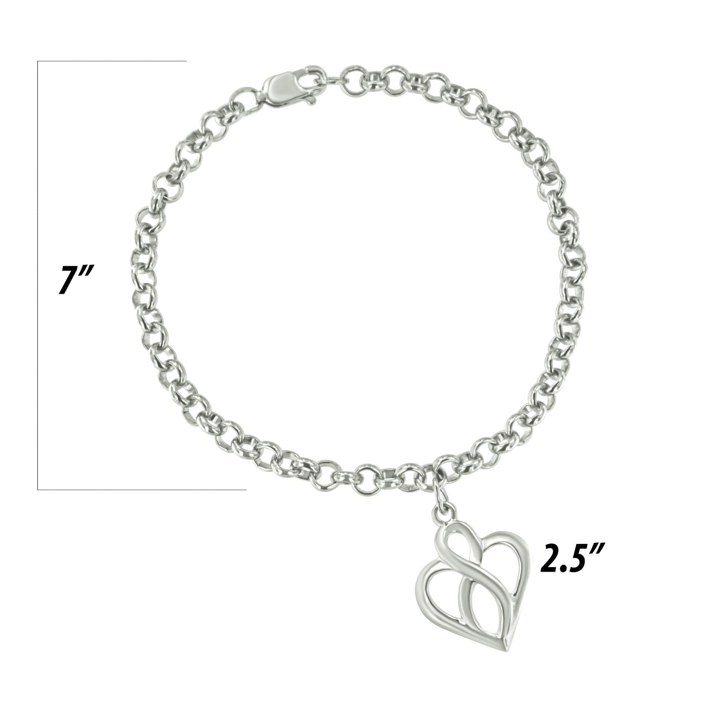 .925 Sterling Silver Open Heart with Center Vertical Infinity Chain Charm Bracelet - Size 7in