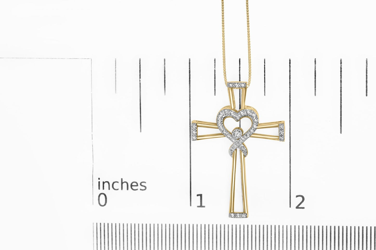 14K Yellow Gold Plated .925 Sterling Silver 1/6 Cttw Diamond Interlocking Heart and Ribbon Cross Pendant Necklace (H-I Color, I2-I3 Clarity) - 18in