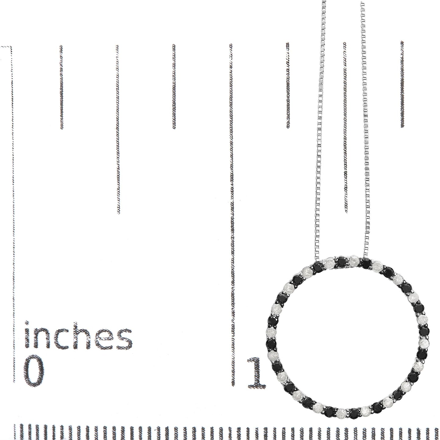 .925 Sterling Silver 1.0 Cttw Alternating Black and White Diamond Open Hoop Circle Pendant Necklace - 18 Inches