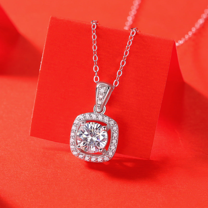 925 Sterling Silver Moissanite CZ Square Necklace with certificate