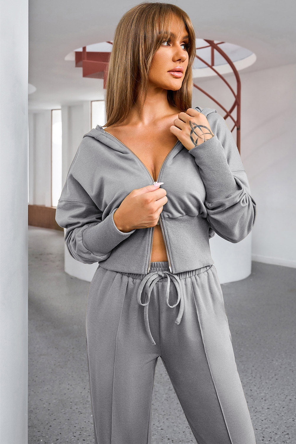 Women's Gray Dropped Shoulder Hoodie and Drawstring Pants Set-Front up close