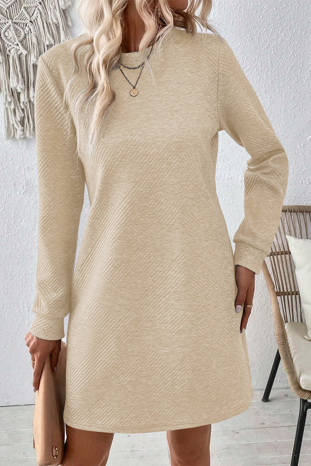 Apricot Textured Long Sleeve Shift Dress front view