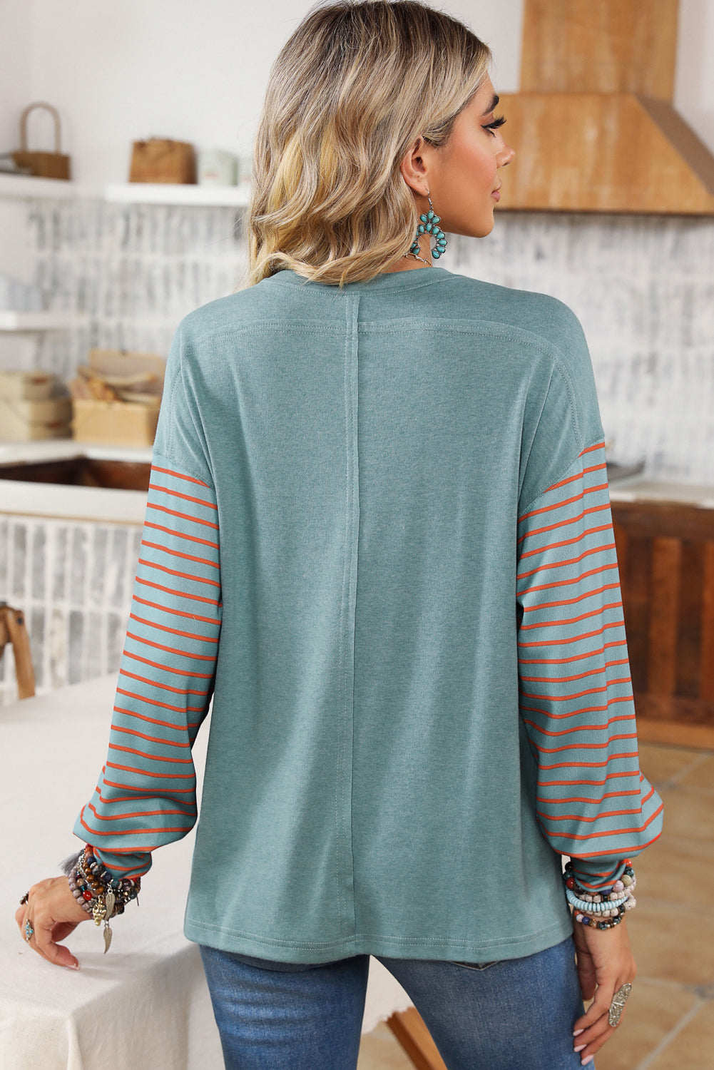 Back view of an Aqua Green Colorblock Striped Blouse