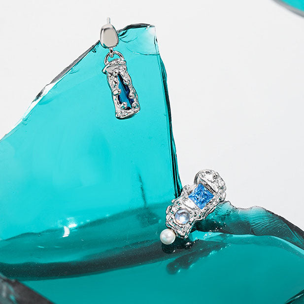 Asymmetry Blue CZ 925 Sterling Silver Stud Earrings