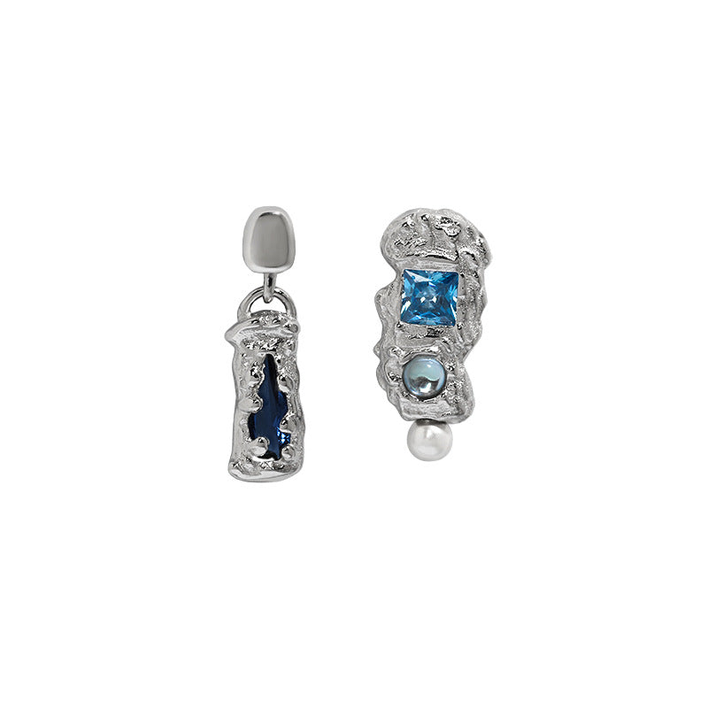 Asymmetry Blue CZ 925 Sterling Silver Stud Earrings closeup