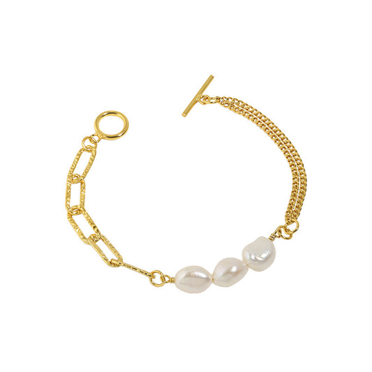 Baroque Inspired Natural Pearl 925 Sterling Silver Chain Bracelet gold plated