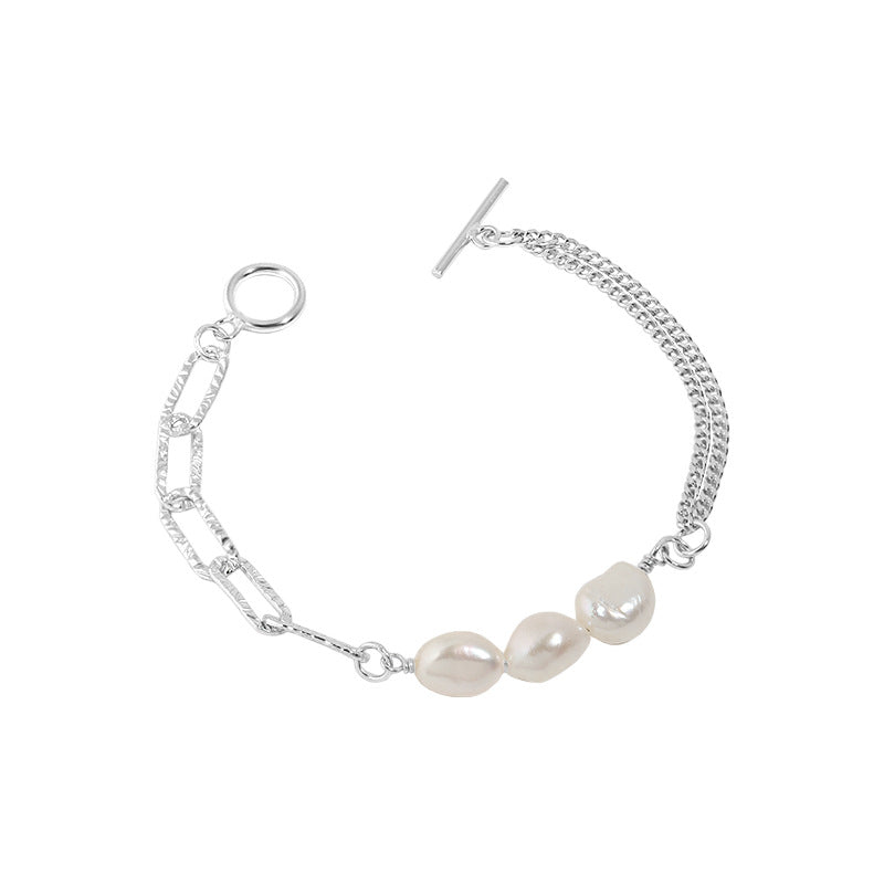 Immaculate Baroque Inspired Natural Pearl 925 Sterling Silver Chain Bracelet rhodium plated