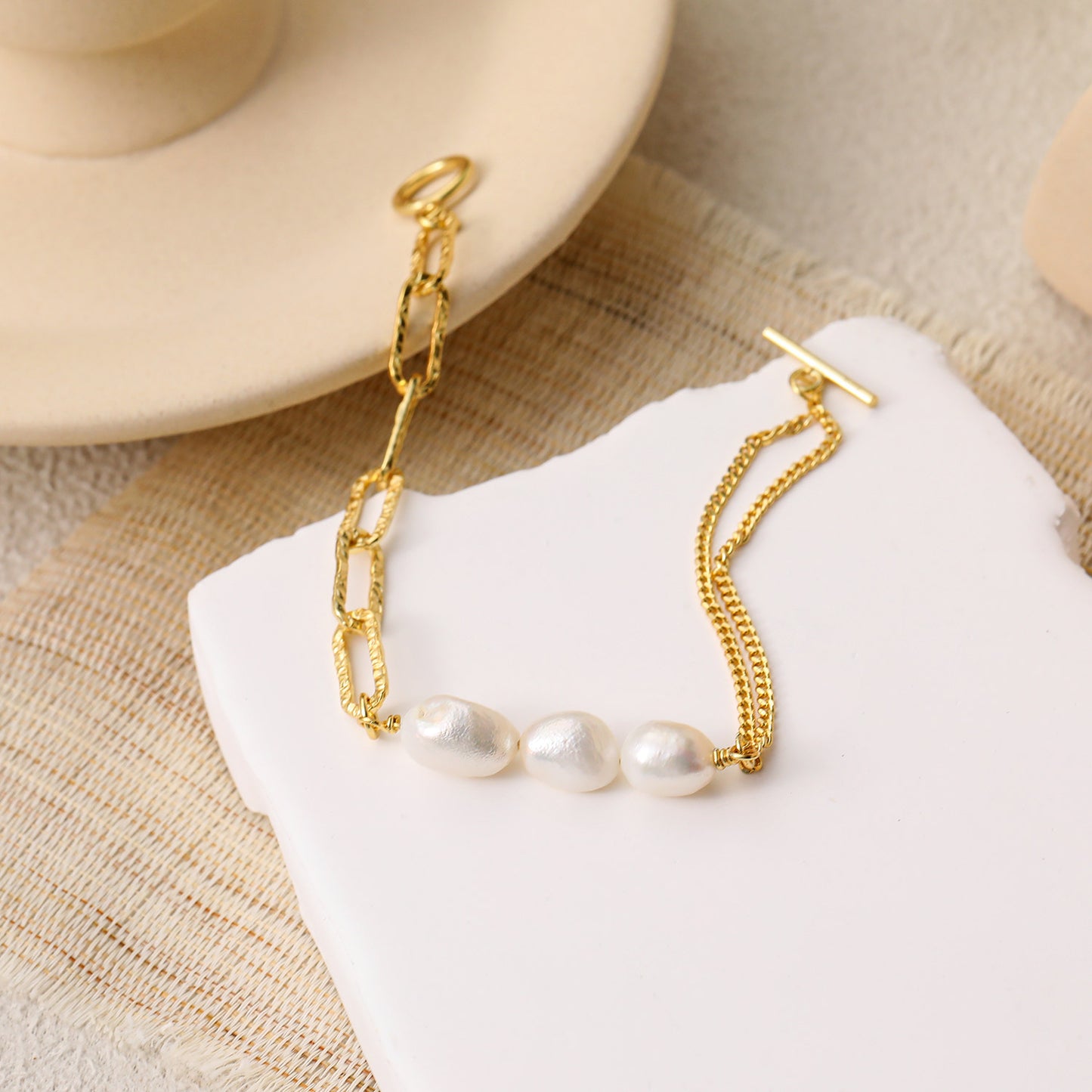 Open view Immaculate Baroque Inspired Natural Pearl 925 Sterling Silver Chain Bracelet gold plated