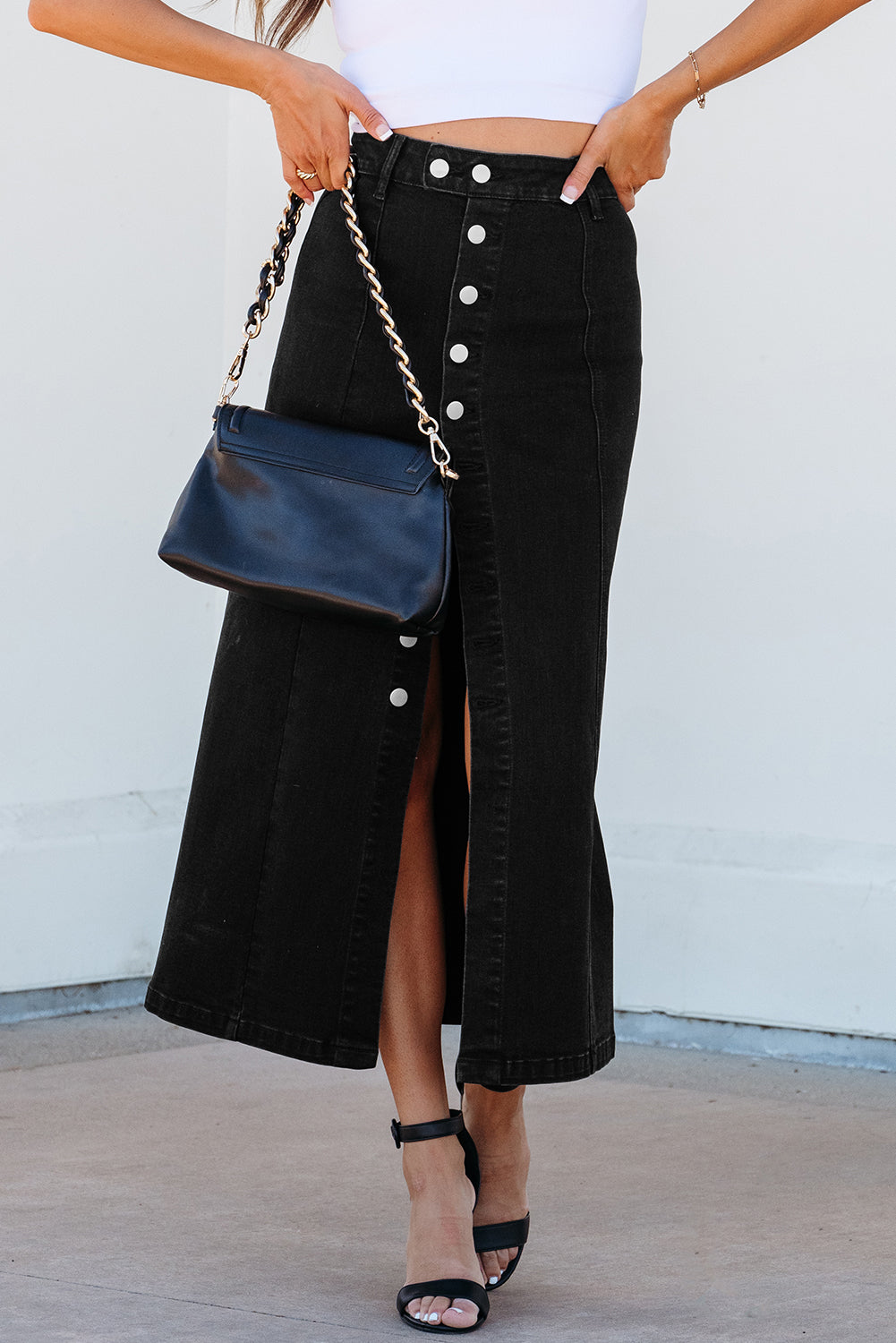 Model wearing Black High Waist Denim Women's Midi Skirt