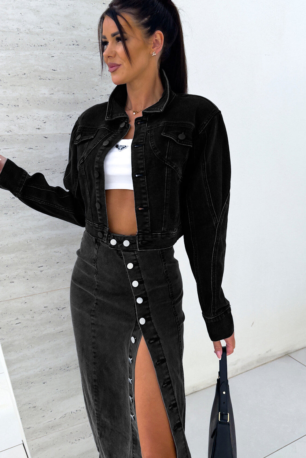 Black High Waist Denim Women's Midi Skirt – close up