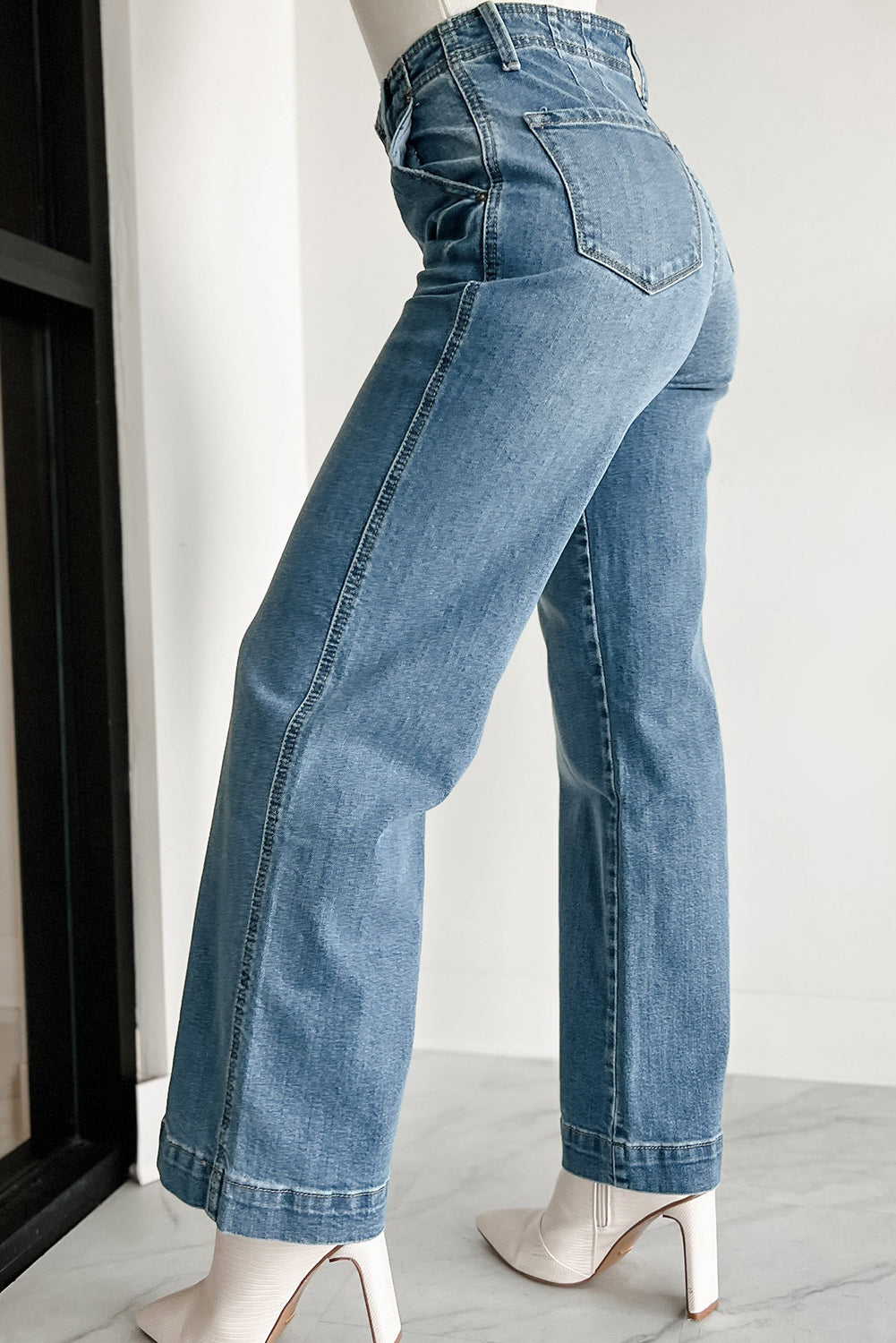 Chic Dusk Blue Multi Button Waist Wash Straight Leg Lady’s Jeans side view