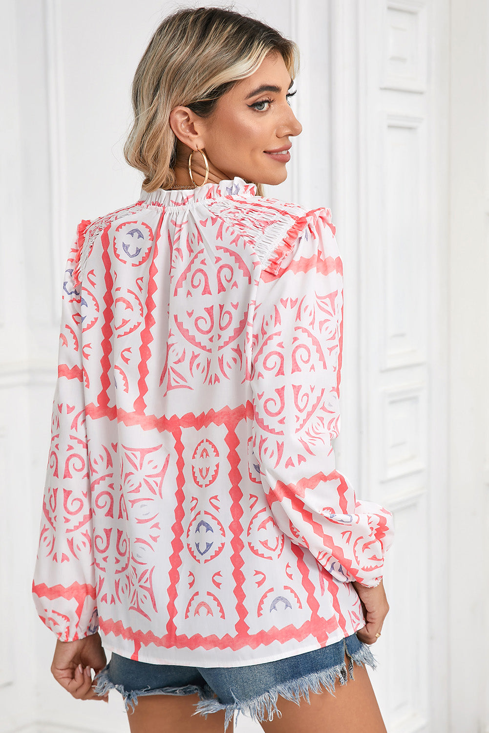 Boho Desert Flower Print V-Neck Smocked Blouse back view