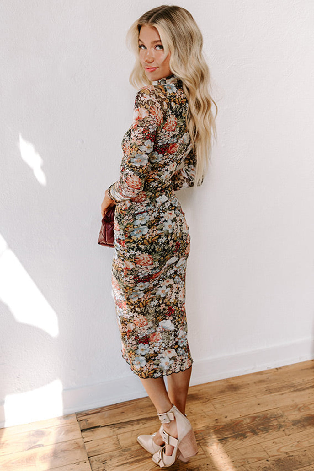 Brown Floral Allover Print Mock Neck Bodycon Midi Dress back view