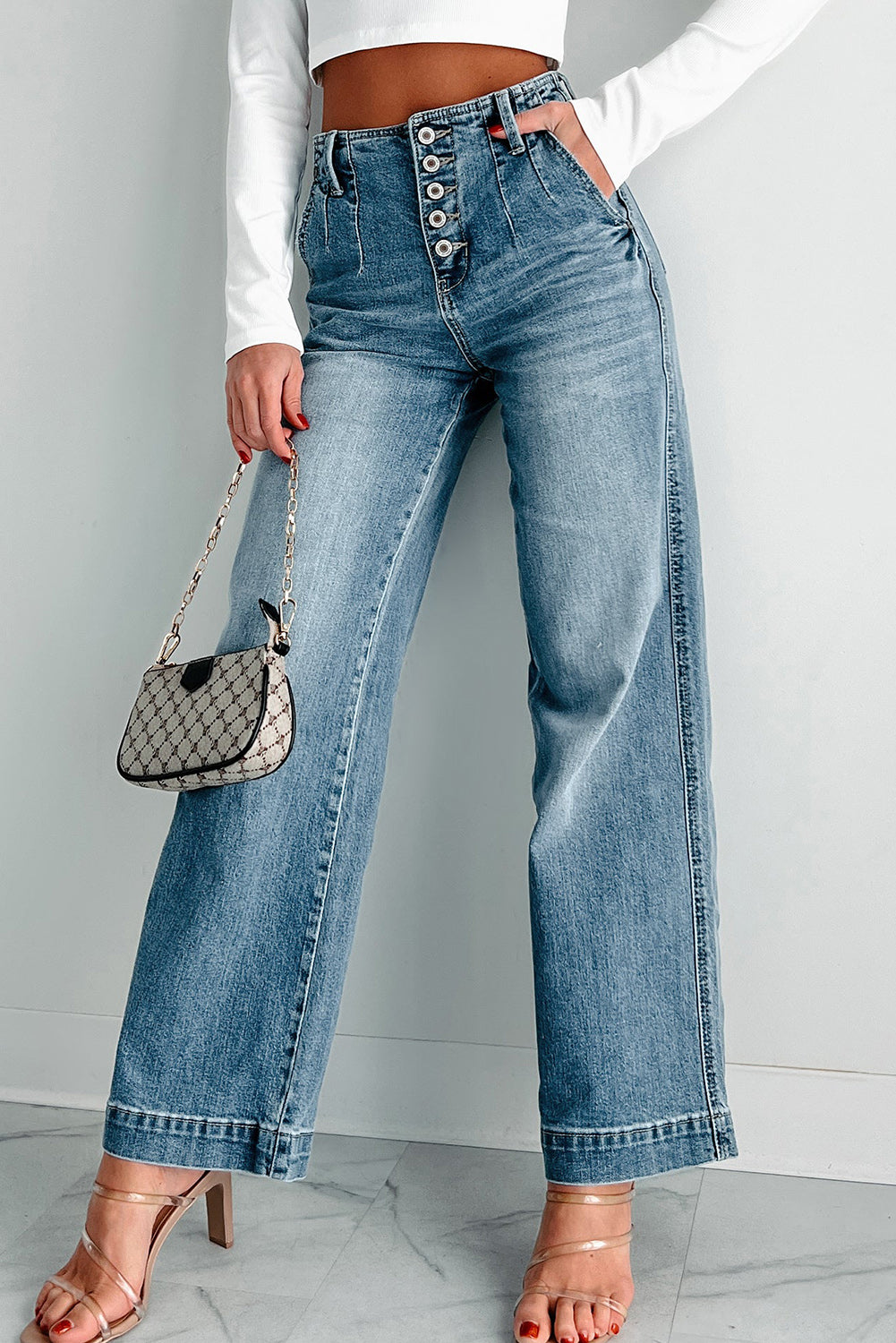 Chic Dusk Blue Multi Button Waist Wash Straight Leg Lady’s Jeans front view