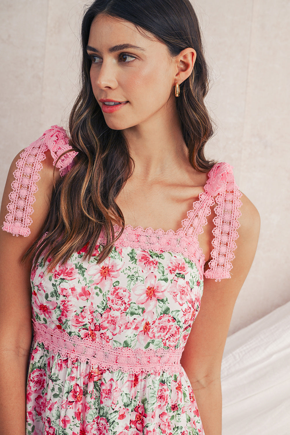 Model wearing a Lace Strap Pink Floral Maxi Dress close up view