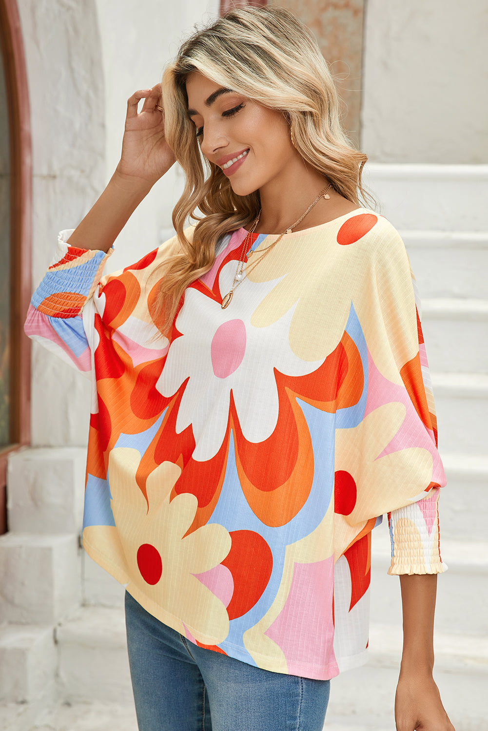 Modern Hippie Woman's Colorful Floral Print Ribbed Dolman Blouse side view