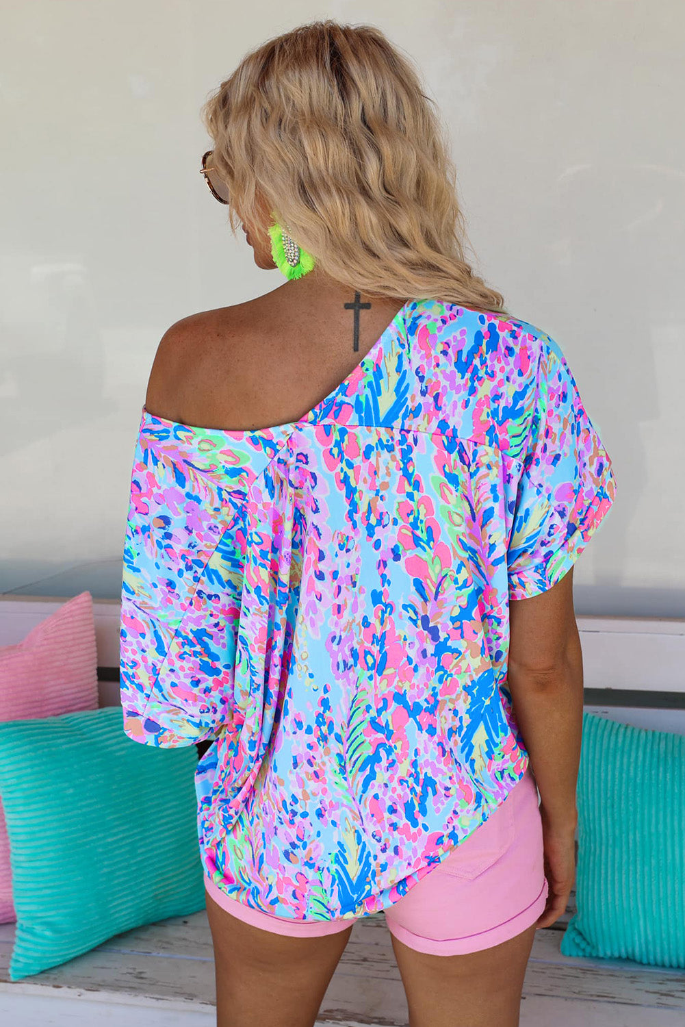 Sky Blue Abstract Floral Print Shirt back view