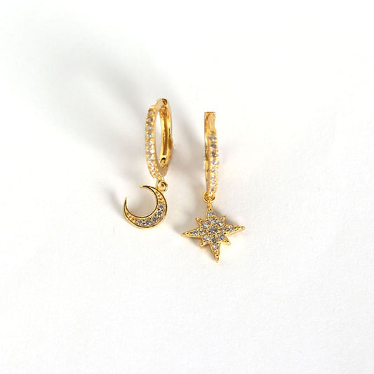 Cubic Zirconia Star & Crescent Moon 925 Sterling Silver gold plated Earrings