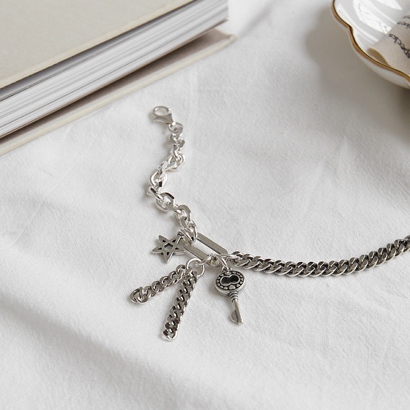 Curb Chain Star Key Tassels 925 Sterling Silver Bracelet