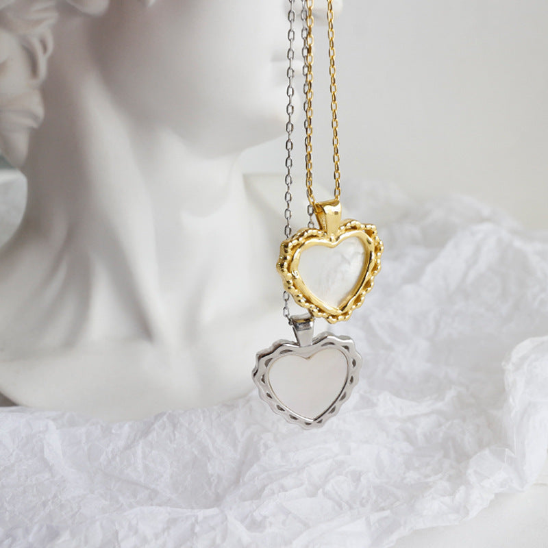 Mother of Shell Heart 925 Sterling Silver Necklace Duo closeup