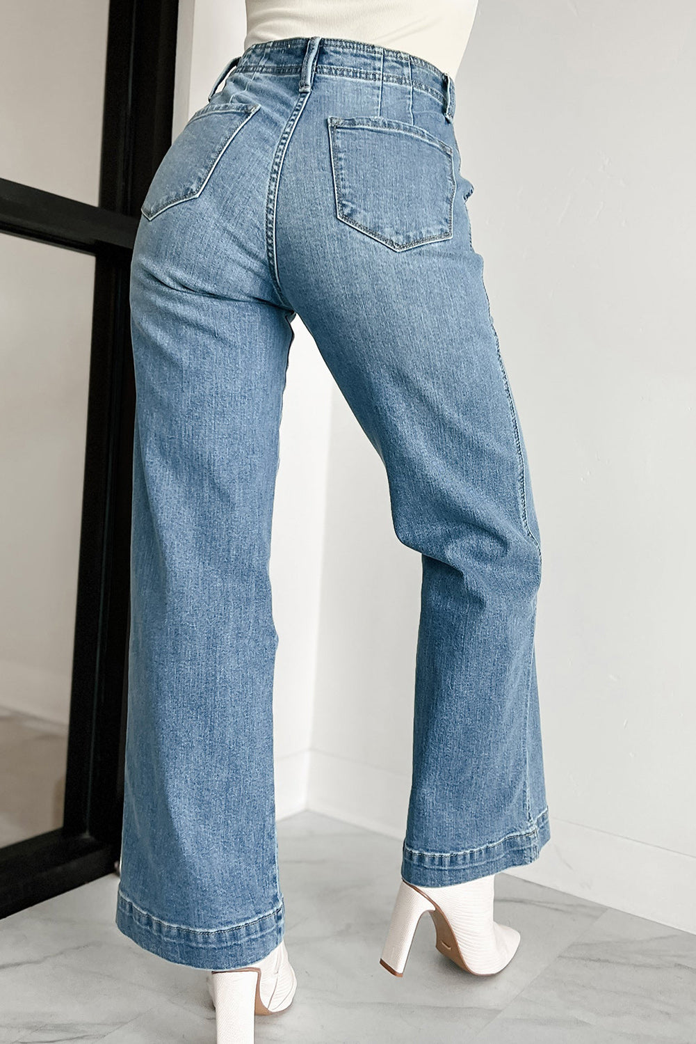 Chic Dusk Blue Multi Button Waist Wash Straight Leg Lady’s Jeans bac view