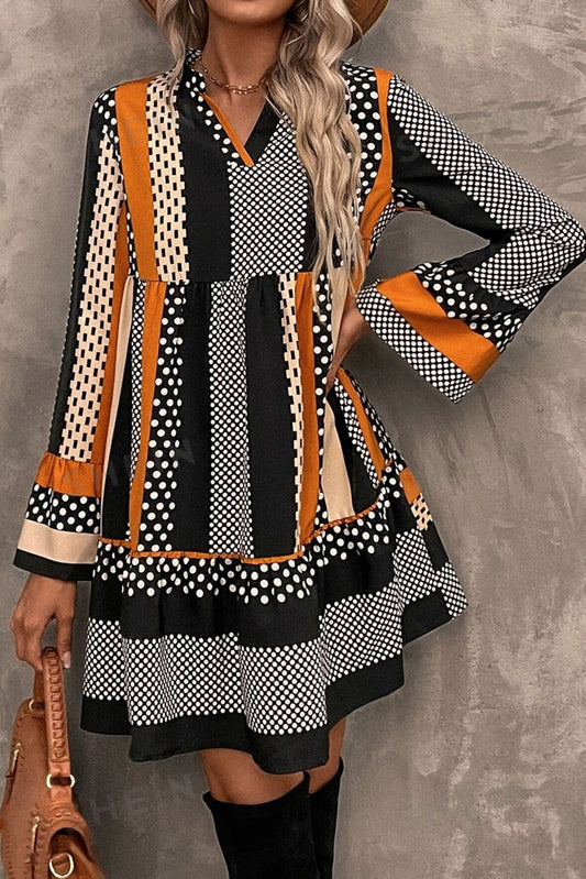 Elegant Black Striped Polka Dot Print Mini Dress front view