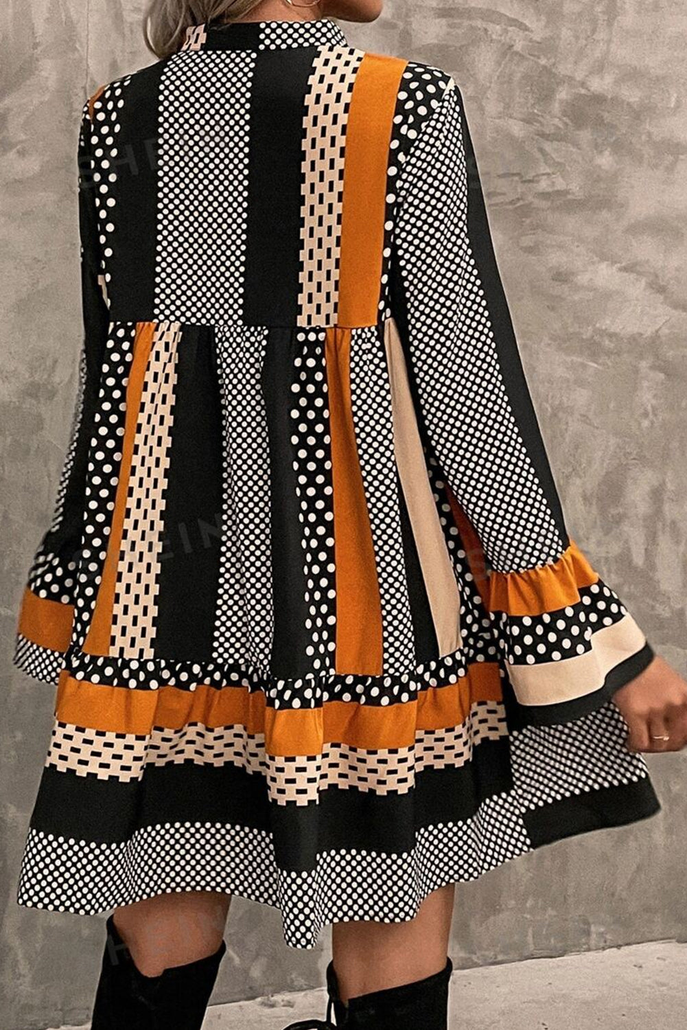Black Striped Polka Dot Print Mini Dress back view