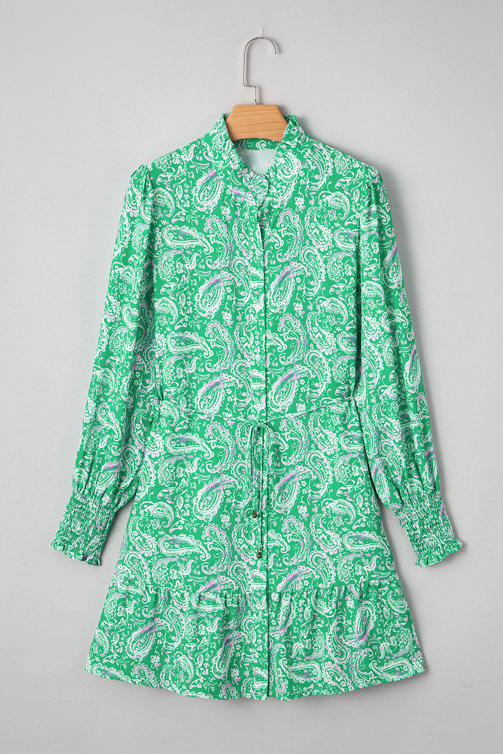 Emerald Paisley High-Neck Tie-Waist Ruffle Hem Shirt Dress