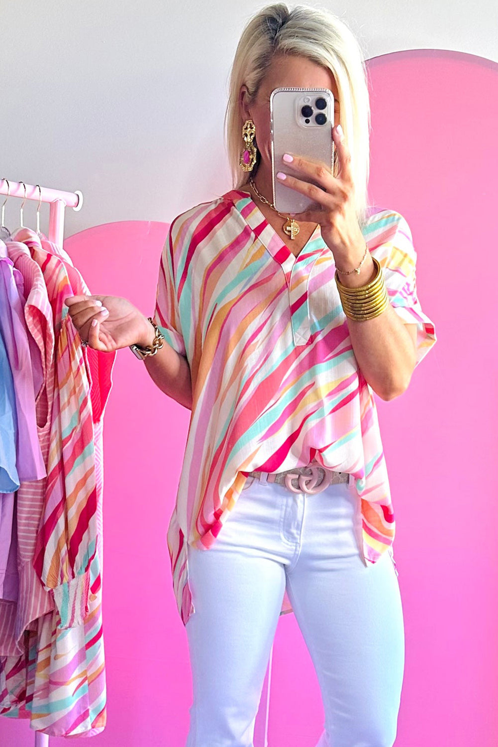 Fabulous Chic Multicolour Abstract Print High Low Women's Blouse - front vew