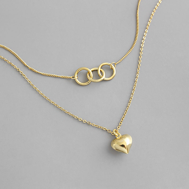 Gold Plated Double Circles Heart Love 925 Sterling Silver Necklace