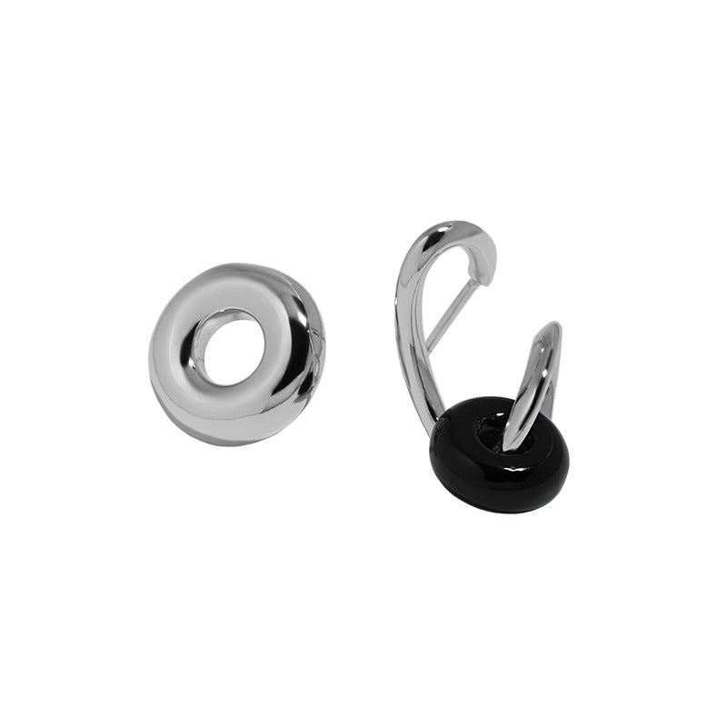 Interchangeable Geometry Natural Agate Circles rhodium plated earrings