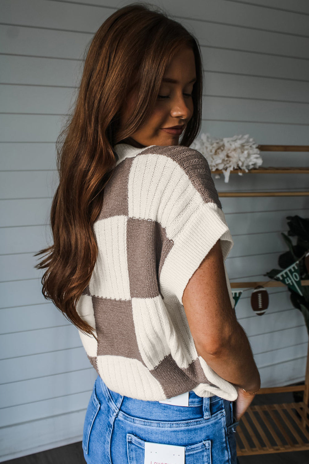 Upscale Checkered Color Block Short Sleeve Women's khaki Sweater back view