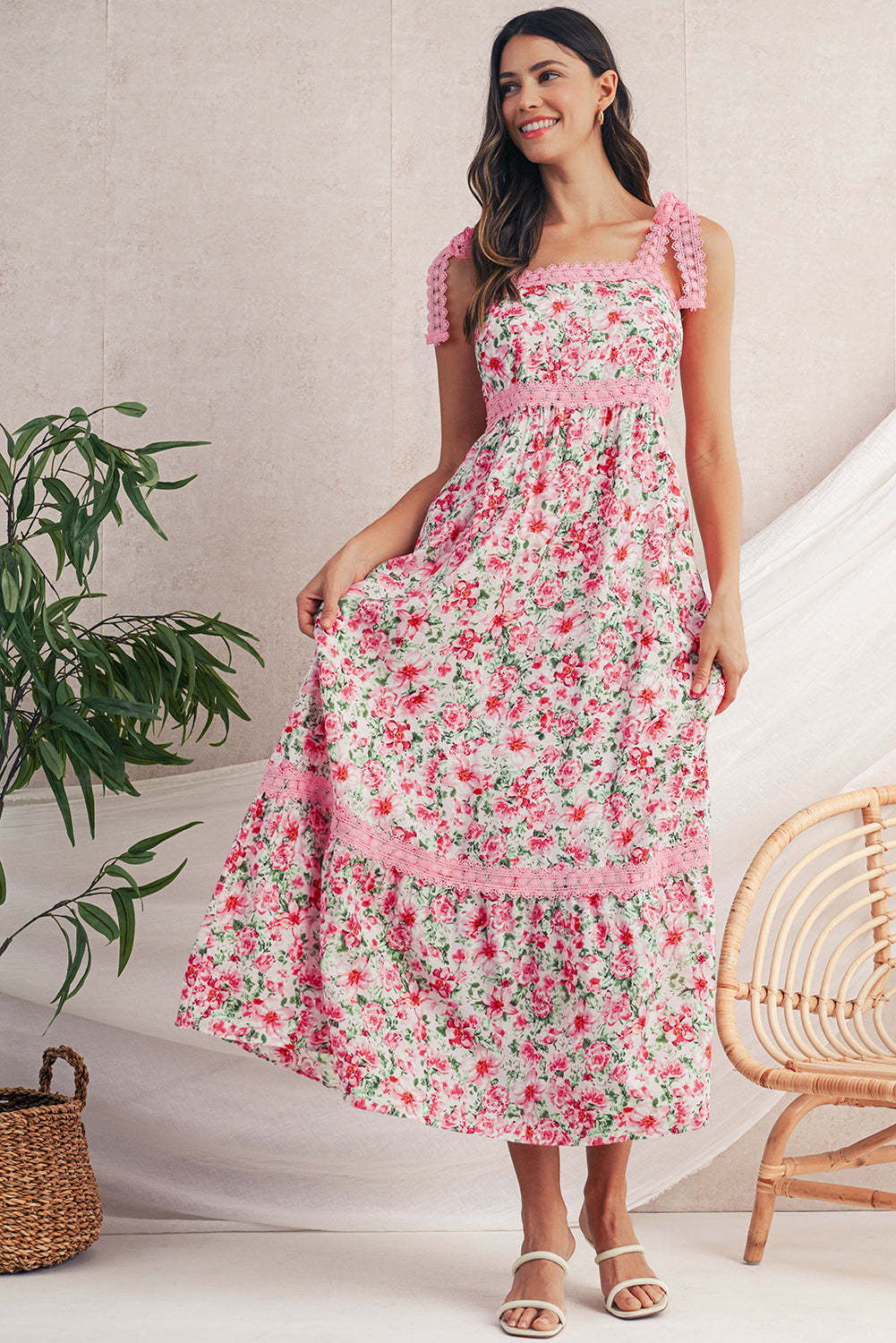 Women's Empire Waist Pink Floral Maxi Dress front view